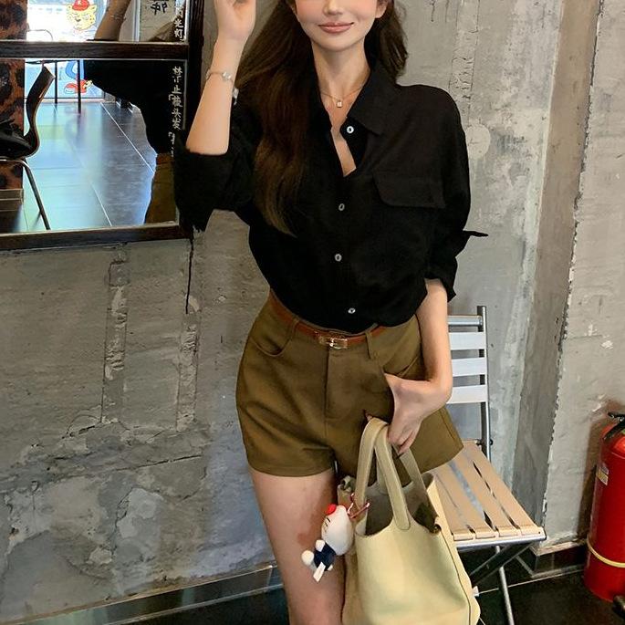 Premium retro loose long-sleeved shirt suit wide-leg shorts women s 2026 summer new fashion suit ins S