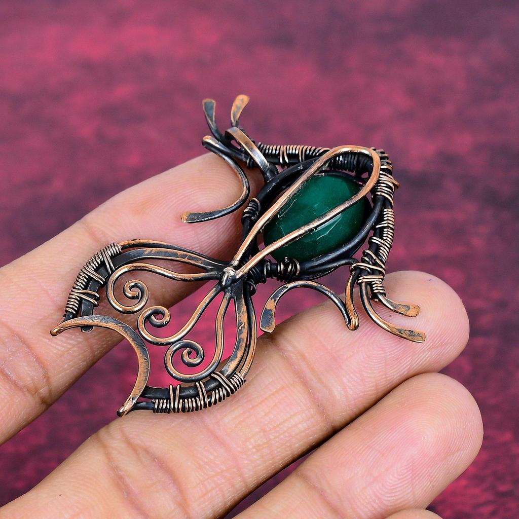 Faceted Zambian Emerald Pendant Copper Wire Wrap Gemstone Handmade Fish Jewelry