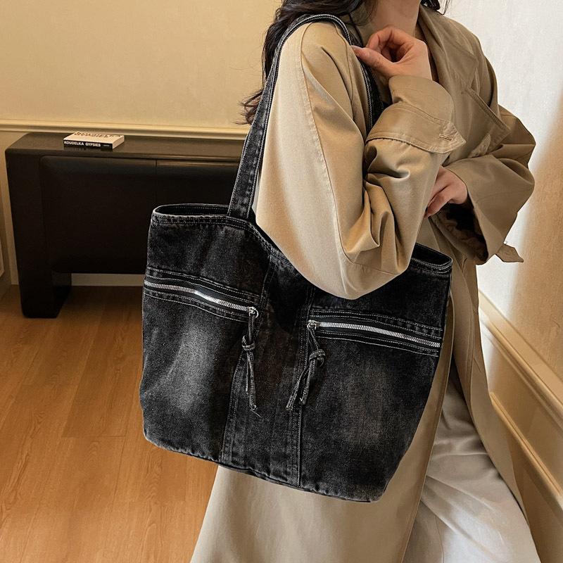 Vintage Denim Toteväska Ficka Pendlarväska