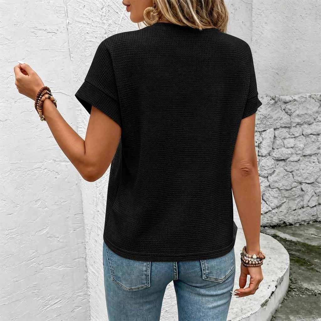 Women's Knit Neck Short Sleeve T-Shirt Color Casual Top