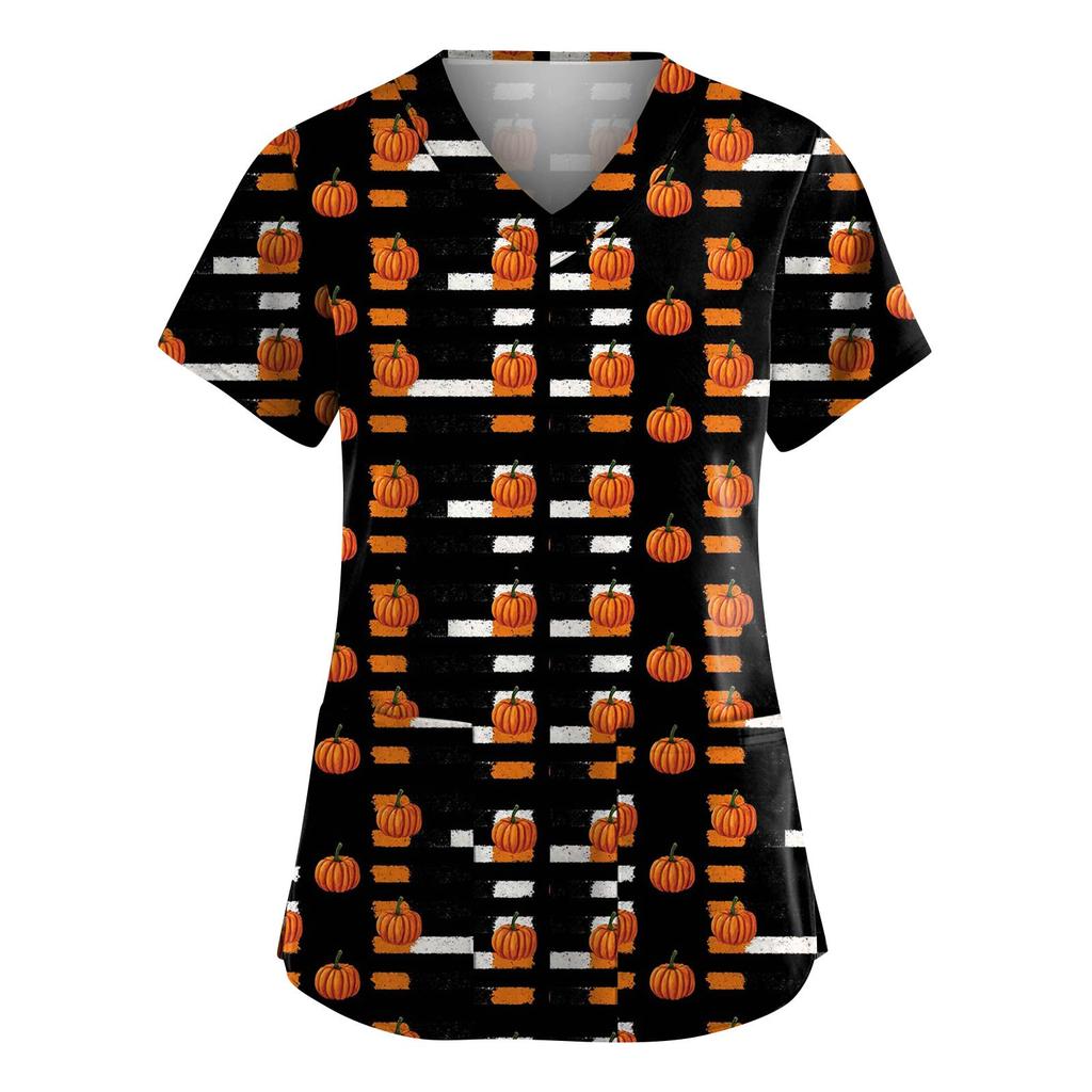 Moda Femenina Monos de Manga Corta con Cuello en V con Bolsillos Tops Estampados de Halloween Ropa
