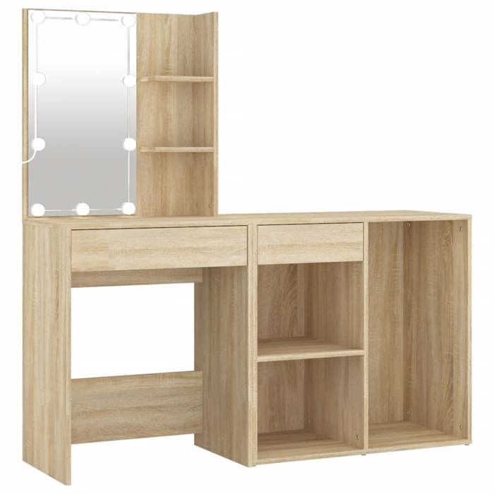 VidaXL Coiffeuse à LED avec Armoire Table Cosmétique Coiffeuse de Maquillage Table à Bijoux Chambre à Coucher Chêne Sonoma 3082020