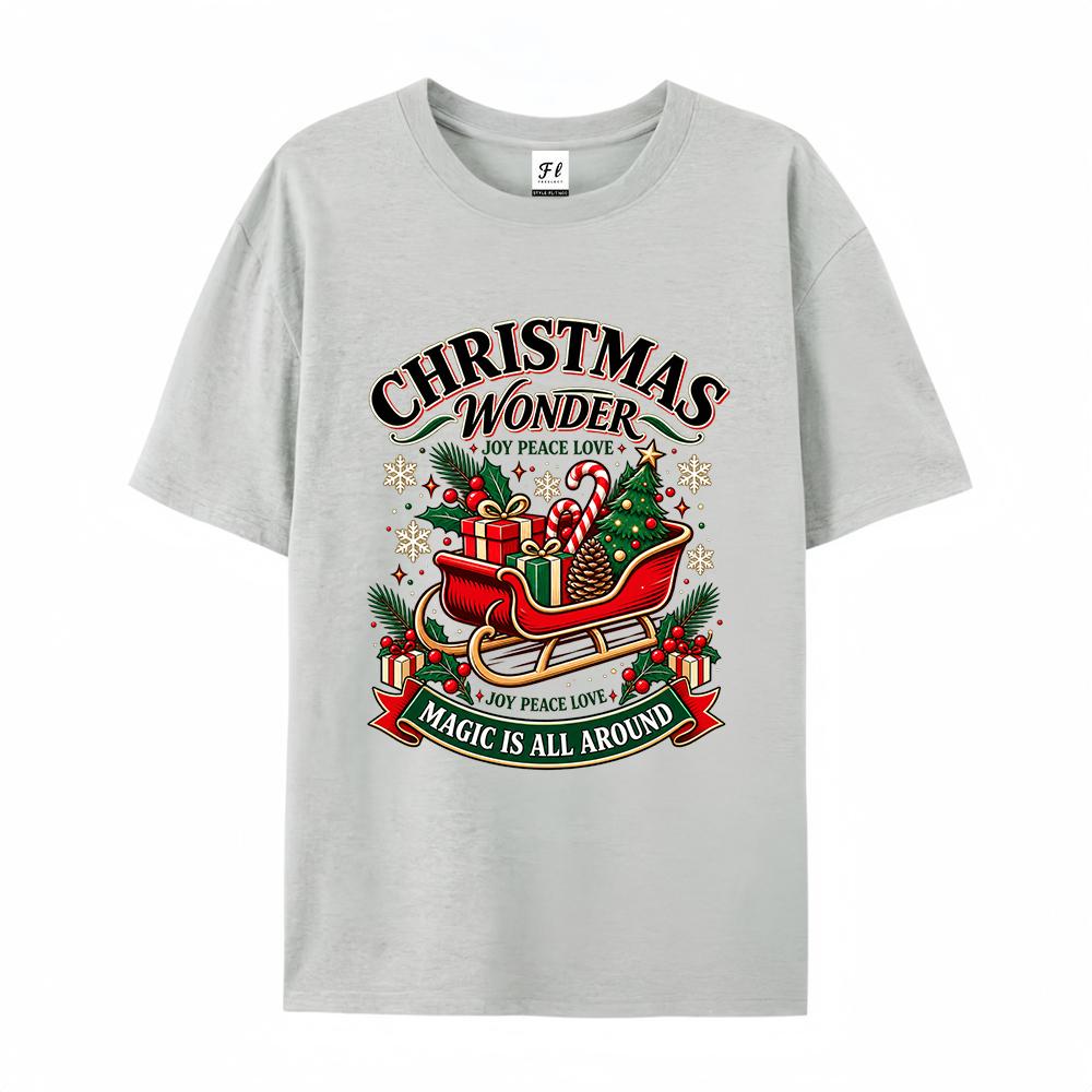 Women's Christmas Wonderland Graphic T Shirt Santa Sleigh Tree Gift Print Casual Short Sleeve Crew Neck Holiday Tee