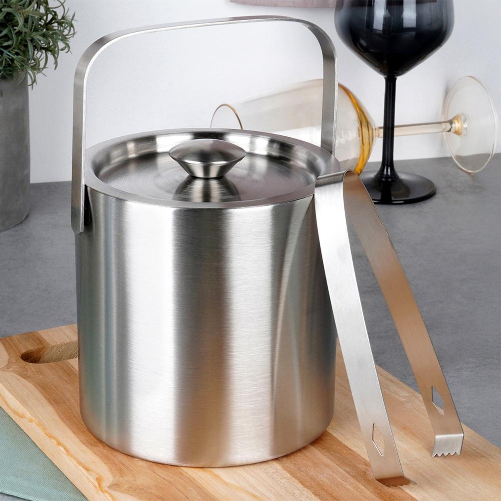 Steel Thermal Ice Cube Bucket Thermos Ice Container + Tongs
