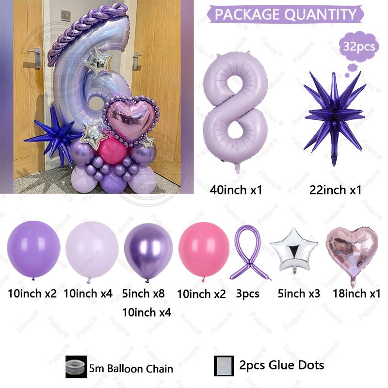 32pcs Purple Explosion Star Love Balloon 40 Inch Number 1-9 Birthday Balloon Set Children s Birthday Party Photography Props other