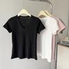 Summer cotton simple solid Women's t shirts korean v-neck Short-sleeve T-shirt casual slim Elastic pink y2k Tops women clothing