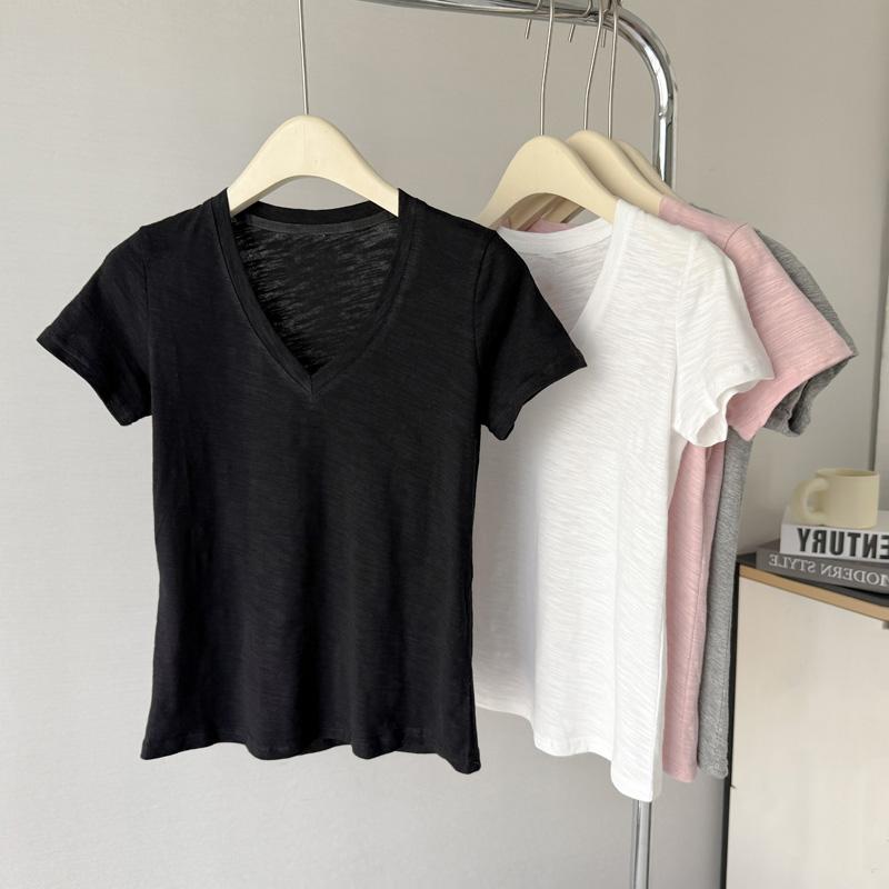 Summer cotton simple solid Women's t shirts korean v-neck Short-sleeve T-shirt casual slim Elastic pink y2k Tops women clothing