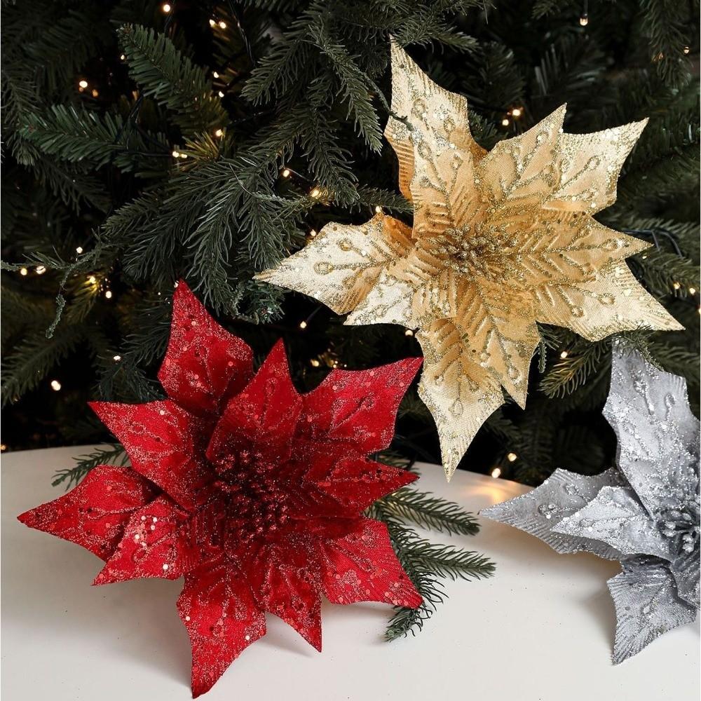 29CM Artificial Poinsettia Flower Sequins Sparkling Christmas Glitter Flower Gold Red Glitter Simulation Flowers