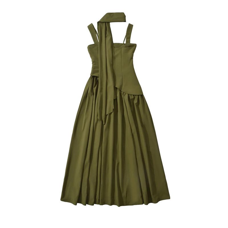 

European and American style scarf suspender dress female design sense sexy high split splicing waist fold big swing dress S