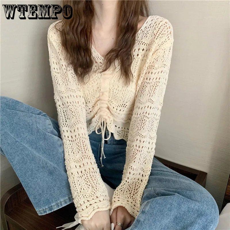 Topuri tricotate pentru femei în stil coreean, primăvară, vară, cu decolteu în V, cu șnur, plisate, scurte, de culoarea bomboanelor