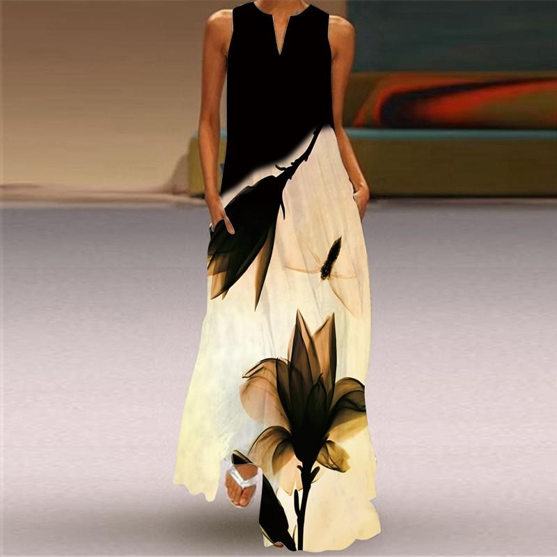 Summer Women's Sleeveless V-neck Printed Dress Long Skirt