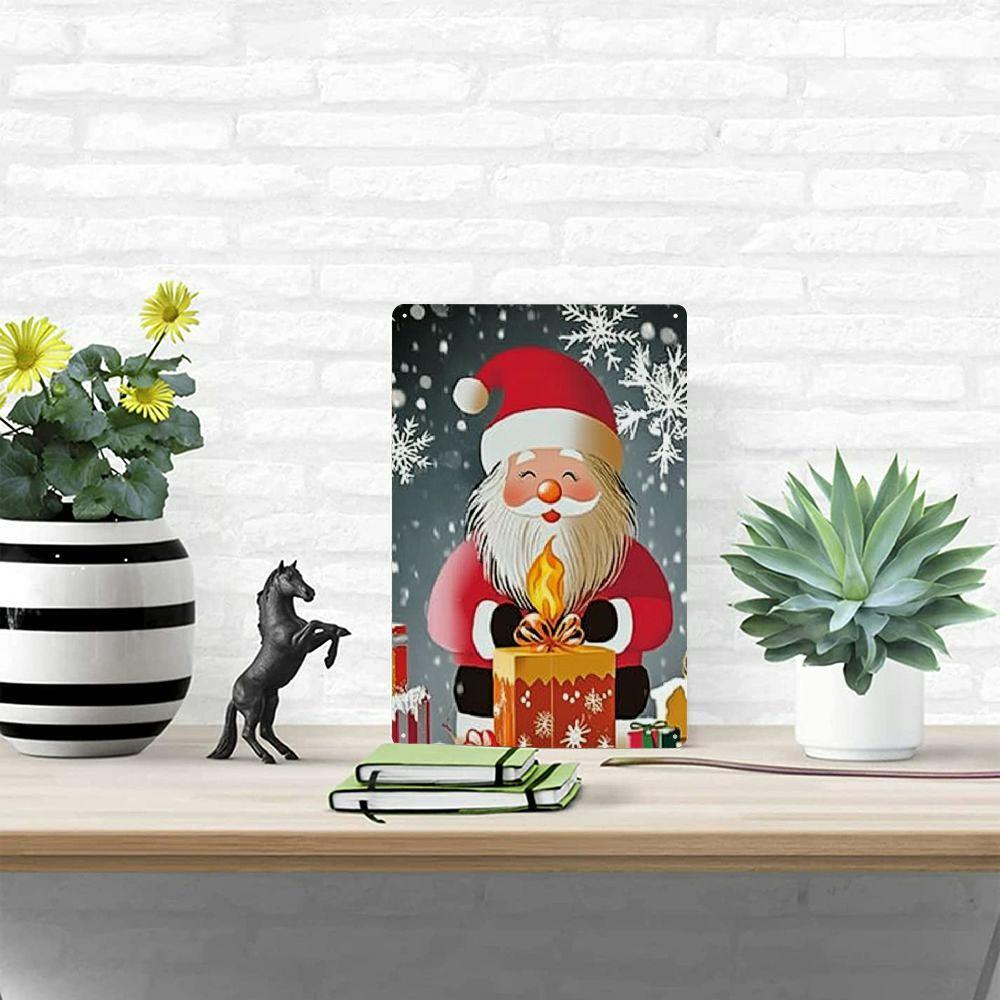 Christmas Metal Tin Sign Wall Decor - Santa Claus with Gift Box and Snowflakes - Festive Holiday Wall Art for Home, Party Decor