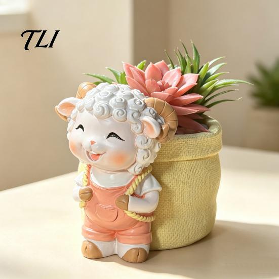 Healing Style Plant Holder Cute Lamb Planter, Cartoon Sheep Carring Bag Pot, Lovely Shaped Decor Small Resin Flower Pot for Succulents, Houseplants,