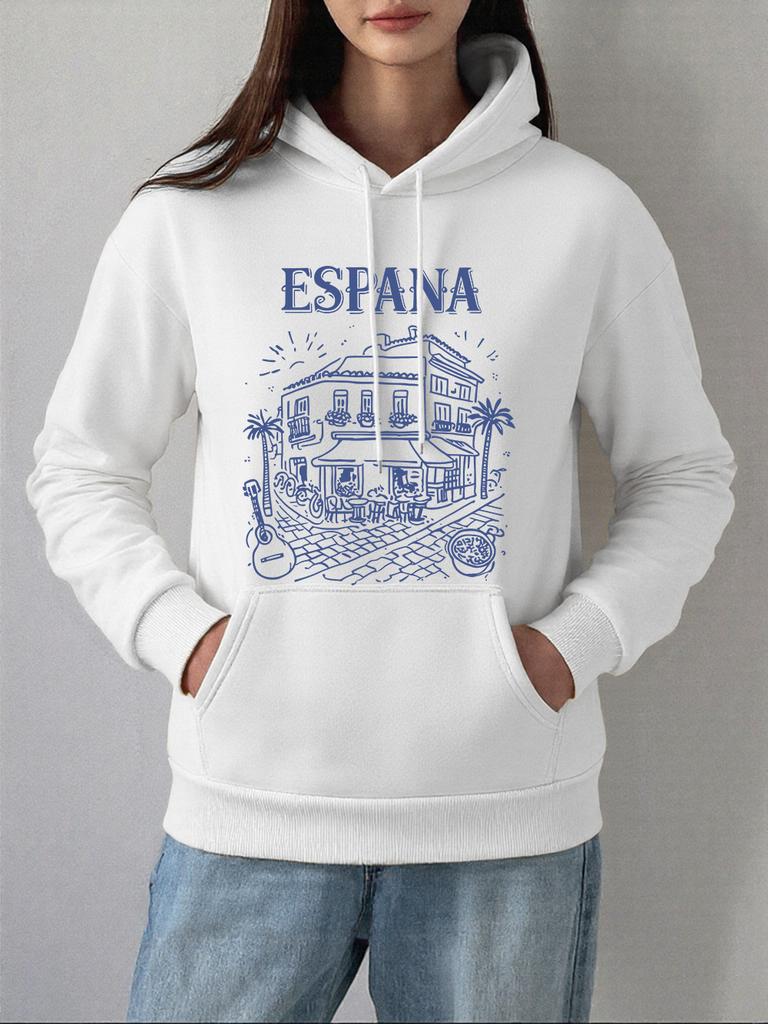 Spanien Lokale Straßenszene Drucke Kapuzenpullover Damen Lässig Locker Sweatshirt Winter Fleece Warm Pullover Basics Tasche Damenkleidung