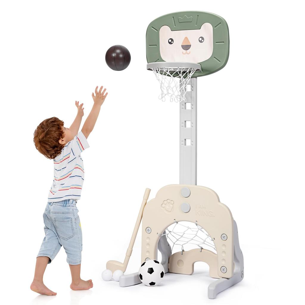 GYMAX Kids' 3-in-1 Basketball Hoop, 5-Level Height Adjustable Basketball Stand, Mini Basketball Hoop for Kids, Basketball, Soccer, and Golf, Early