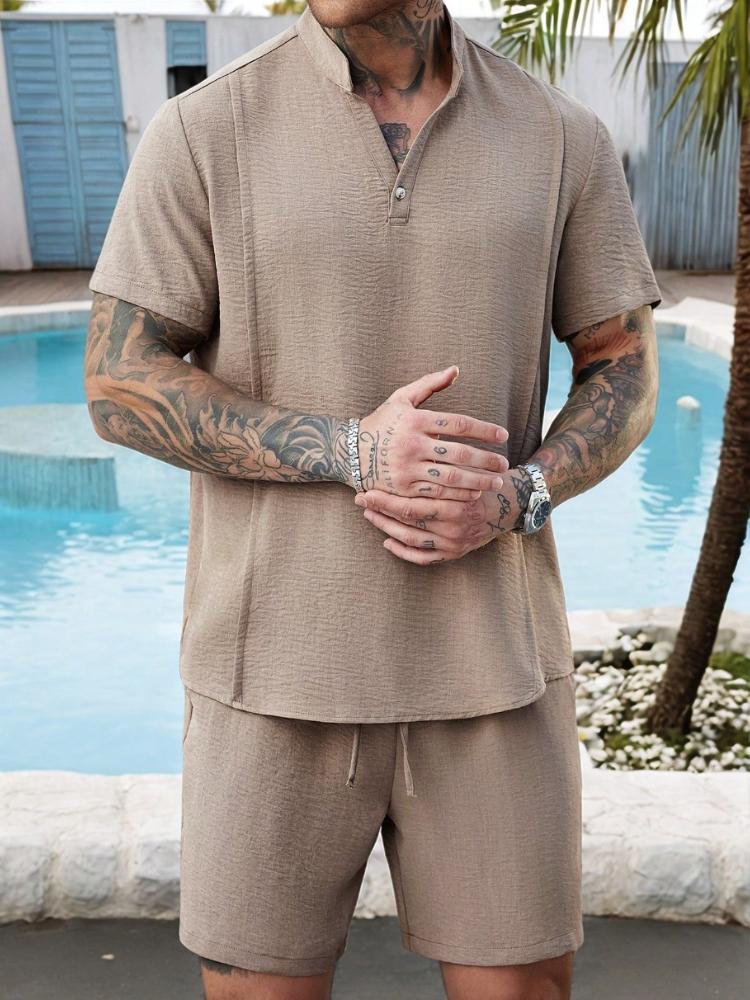 Men's Micro Wrinkle Style Henley Stand Collar Open Sleeve Sports Breathable Casual Men's Short Sleeve Shorts Set