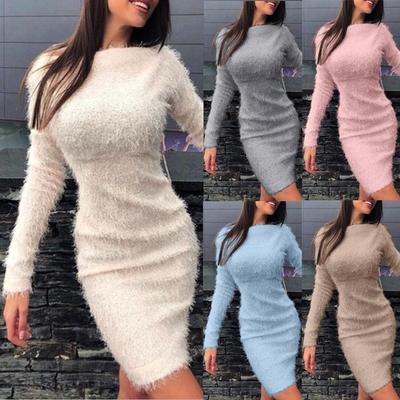 Rochie Sexy Bodycon cu Mânecă Lungă din Blană pentru Femei - Toamnă/Iarnă
