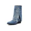 Cowboy Western Boots Women's Denim Mid Calf Boots Turndown Split Chunky Heels Shoes Slip on 2024 Autumn Winter Footwear