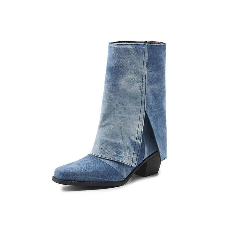 Cowboy Western Boots Women's Denim Mid Calf Boots Turndown Split Chunky Heels Shoes Slip On 2024 Autumn Winter Footwear