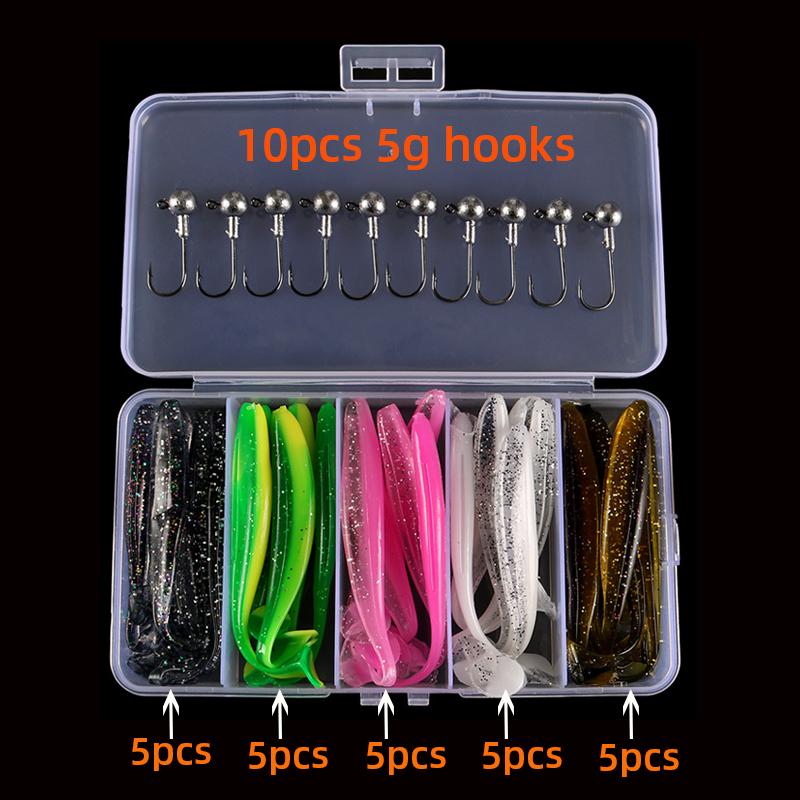 

35 шт. Бионическая мягкая приманка с Т-образным хвостом - крэнк, джиг-головка, крючок - для пресноводной и морской рыбалки - силиконовая приманка с блестками