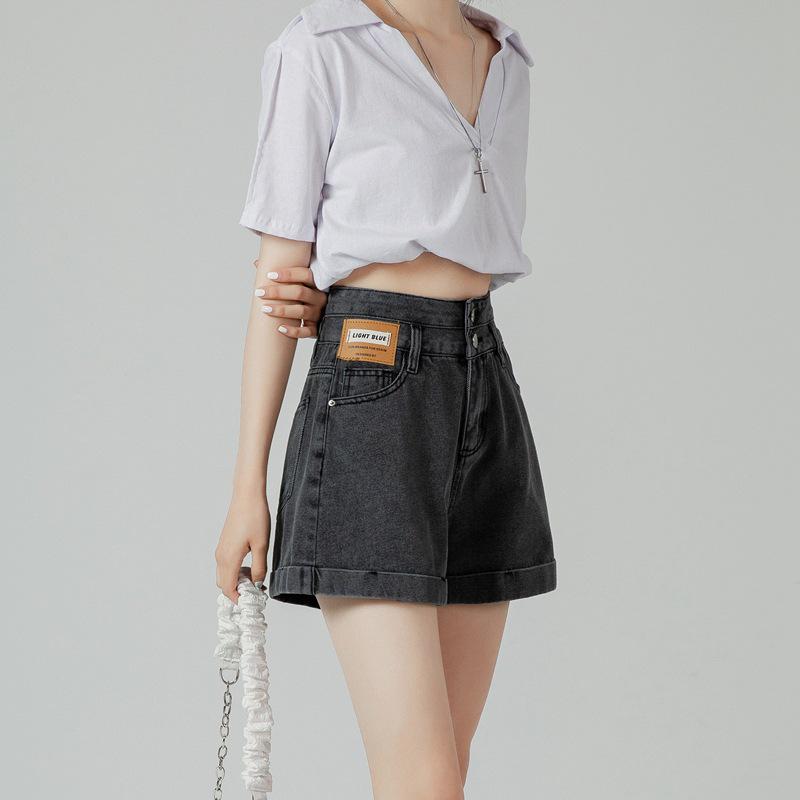 Women's High Waist Denim Shorts - Summer Thin Style, Double Button, Patchwork, Rolled Hem, A-line Wide Leg, Loose Fit, Slimming Hot Pants