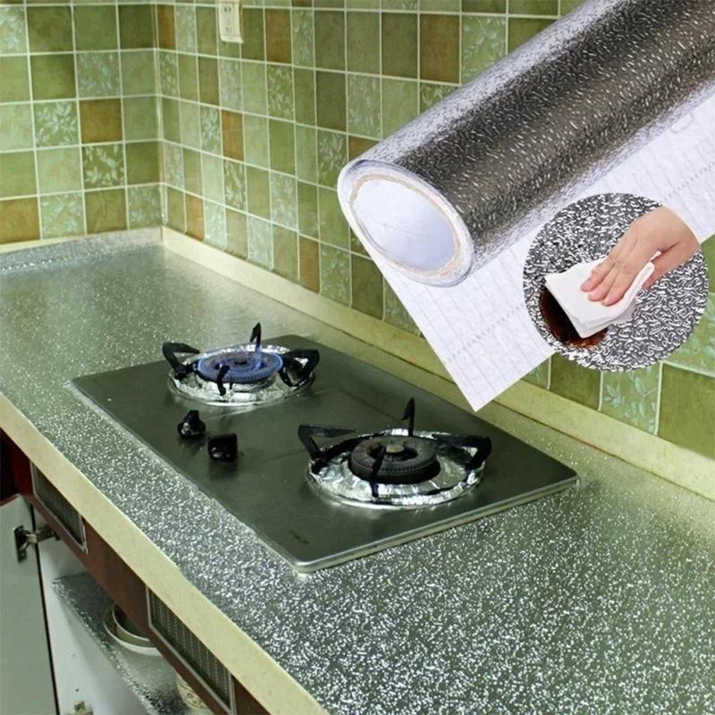 Küchen Ölfeste Selbstklebende Aufkleber Antifouling Hochtemperatur Aluminiumfolie Wasserdichte Tapete Schrank Kontaktpapier