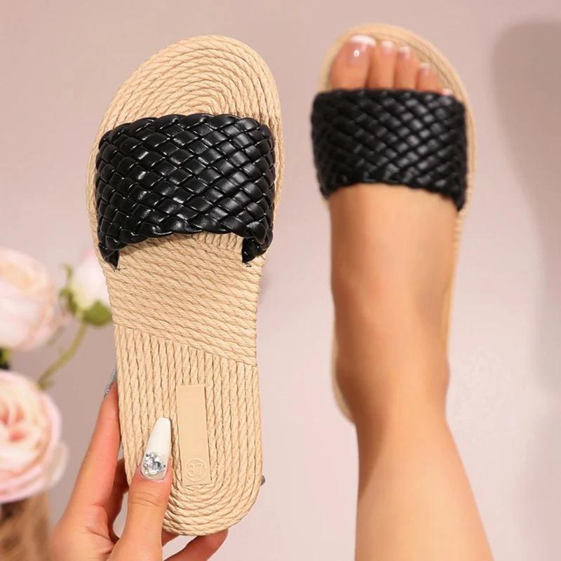 

Fashion Fashion Braided Pu Leather Slides Women Plus Size Open Toe Flat Sandals for Woman Summer Comfotable Slip On Slippers Mujer 43 чёрный