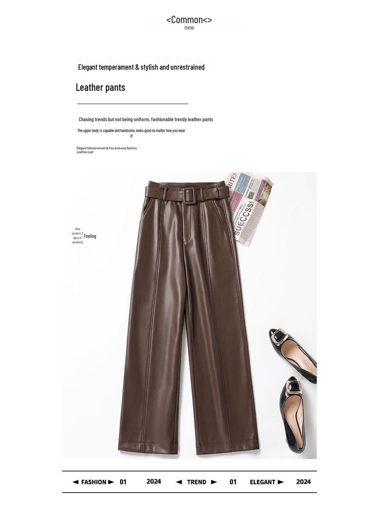 2025 Autumn Winter Women's High Waist Straight Leg Leather Pants, Wide Leg, Plus Velvet, Casual Loose Cropped Fit, Style 514.