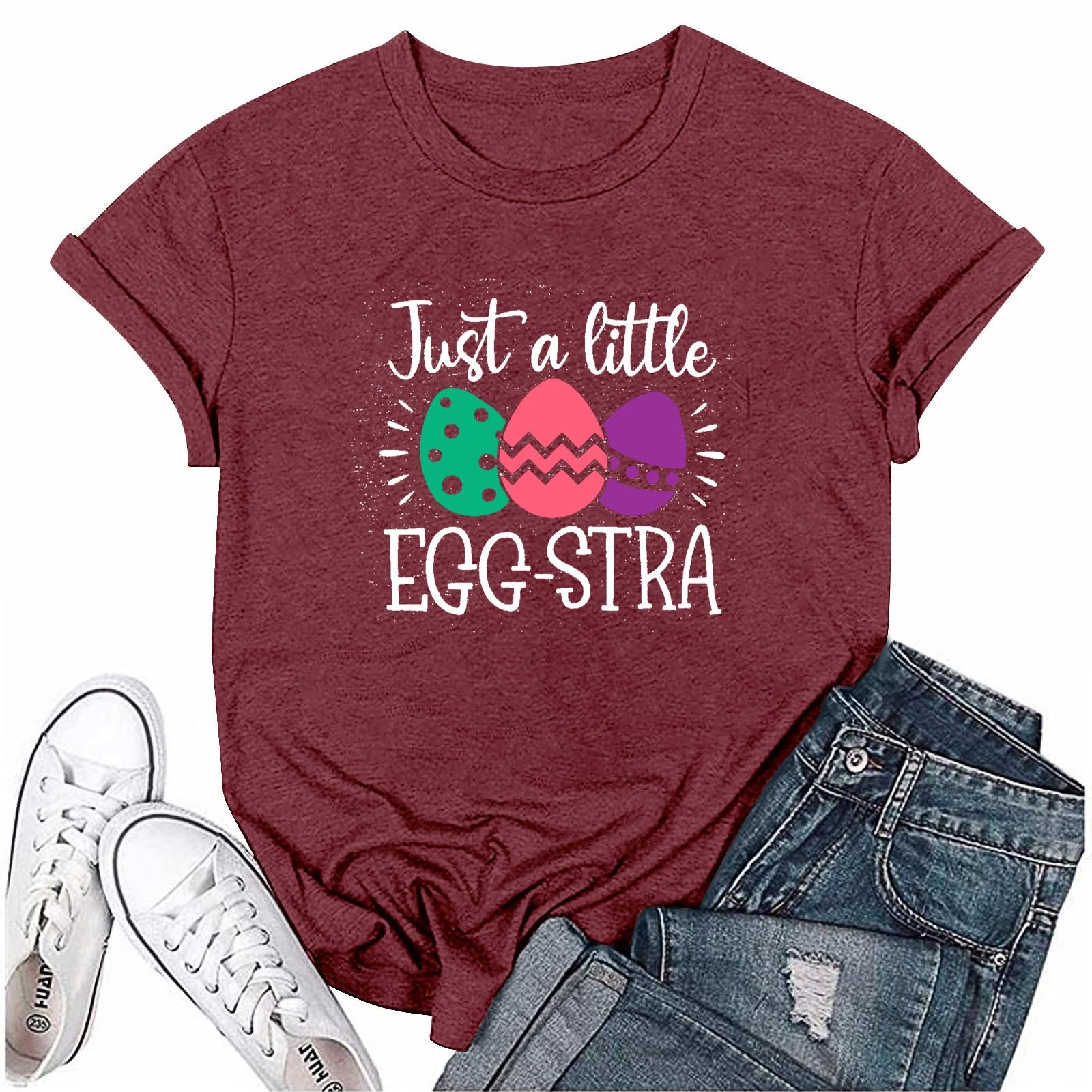 

Жіноча Мода Великодній Принт Повсякденна Плісирована Футболка Топ з Круглим Коротким Рукавом XL винний