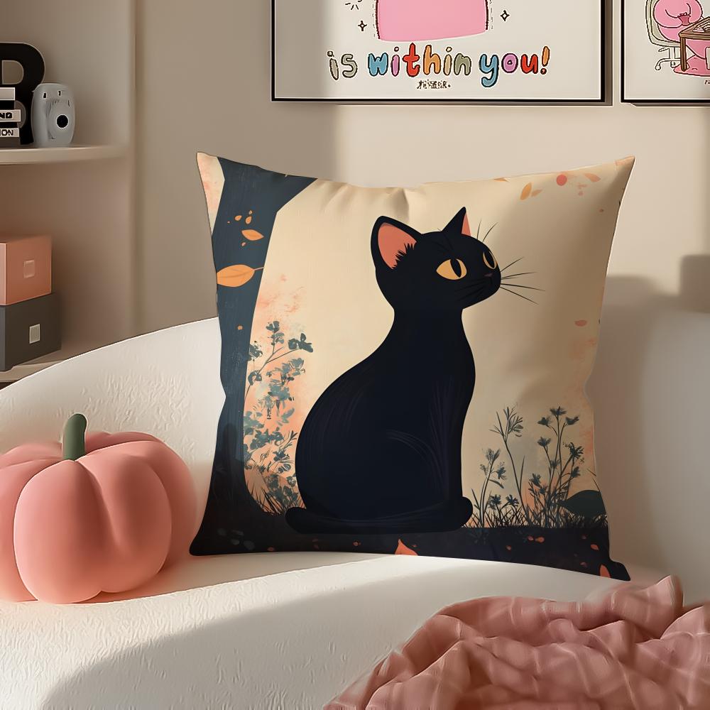 Cute Tiny Adorable Art Cartoon Little Black Cat Cushion Cover Pillowcase Short Plush Invisible Zipper Room Sofa Cushion Cover