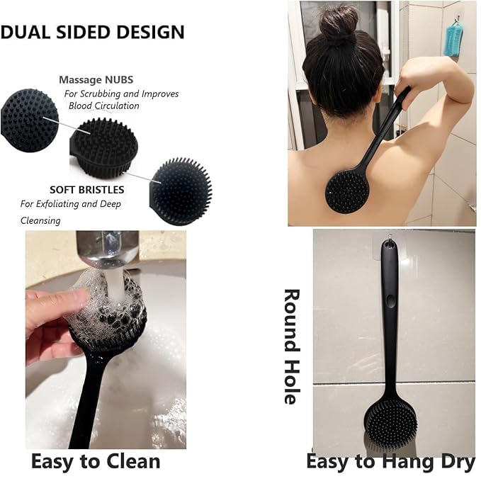Jenibri Back Scrubber Shower Brush, Bath Brush Long Handle for Shower, Back Scrubber for Shower with Loofah and Exfoliating Mitt, Shower Brush for