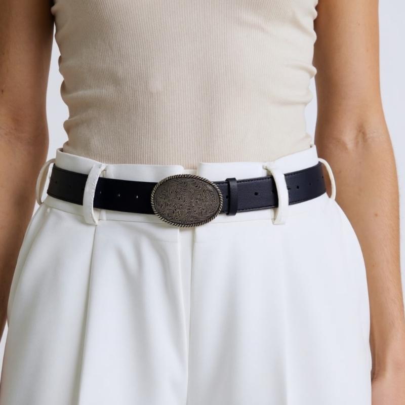 Fashionable Black Faux Leather Belt With Artistic Floral Embossing Durable Buckles Unisex Design