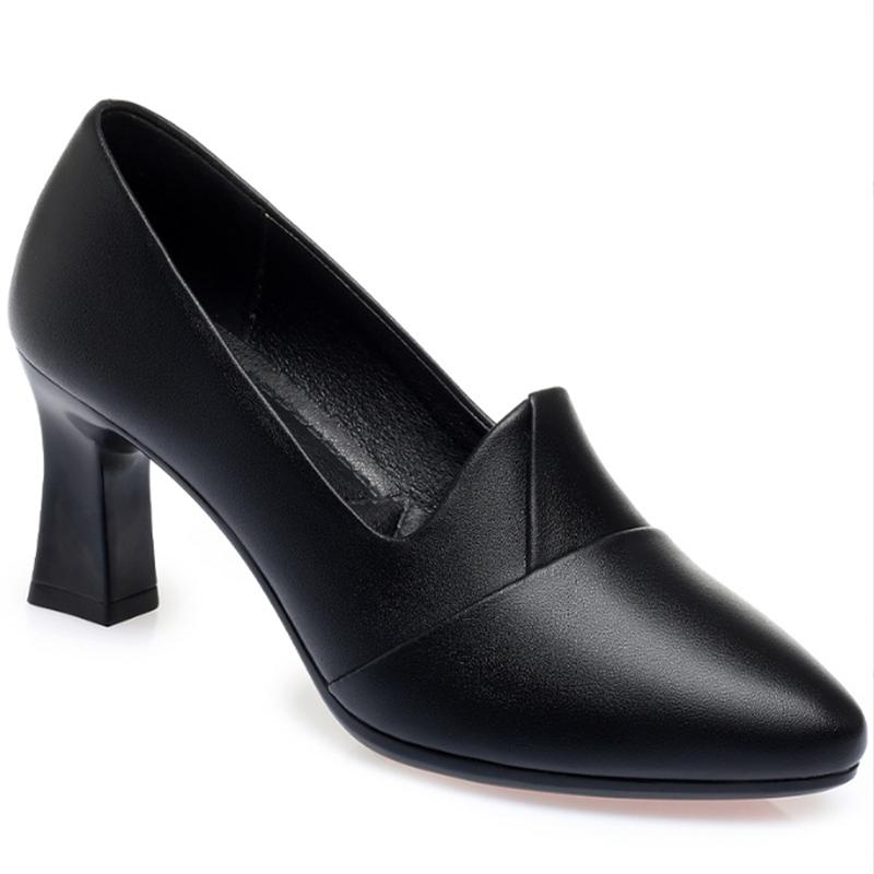 New Women Pumps Pu Leather Work Shoes Chunky High Heels Women Pointed Toe Pumps Casual Slip on Solid Heels Women Shoes