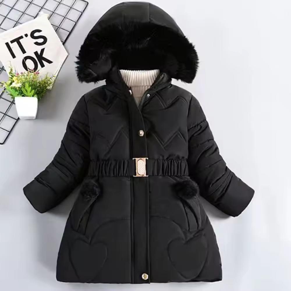 Winter Clothes Girls Medium To Long Length Coat Kids Snow Puffer Jacket Hooded Warm with Waist Belt and Pockets