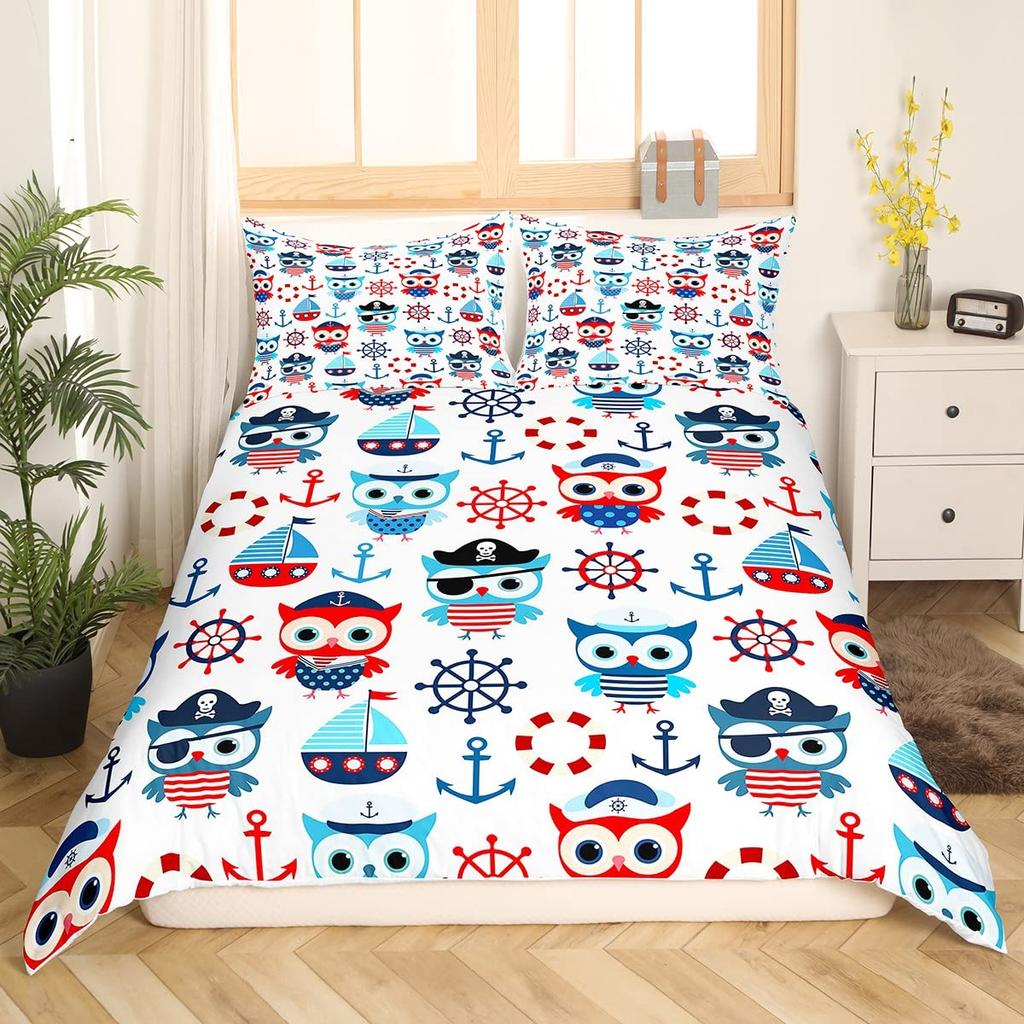 Cartoon Owl King Queen Duvet Cover Gray Cute Animal Bedding Set Pink Orange Grey Flowers Comforter Cover Polyester Quilt Cover