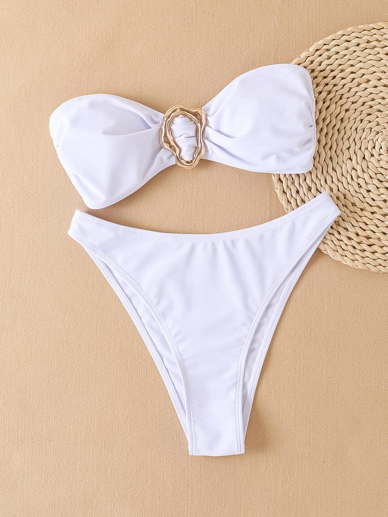 Women’s Summer Bathing Suit Solid Color Bandeau and High Cut Bottom Sexy Bikini Swimsuit, Two-Piece Swimwear