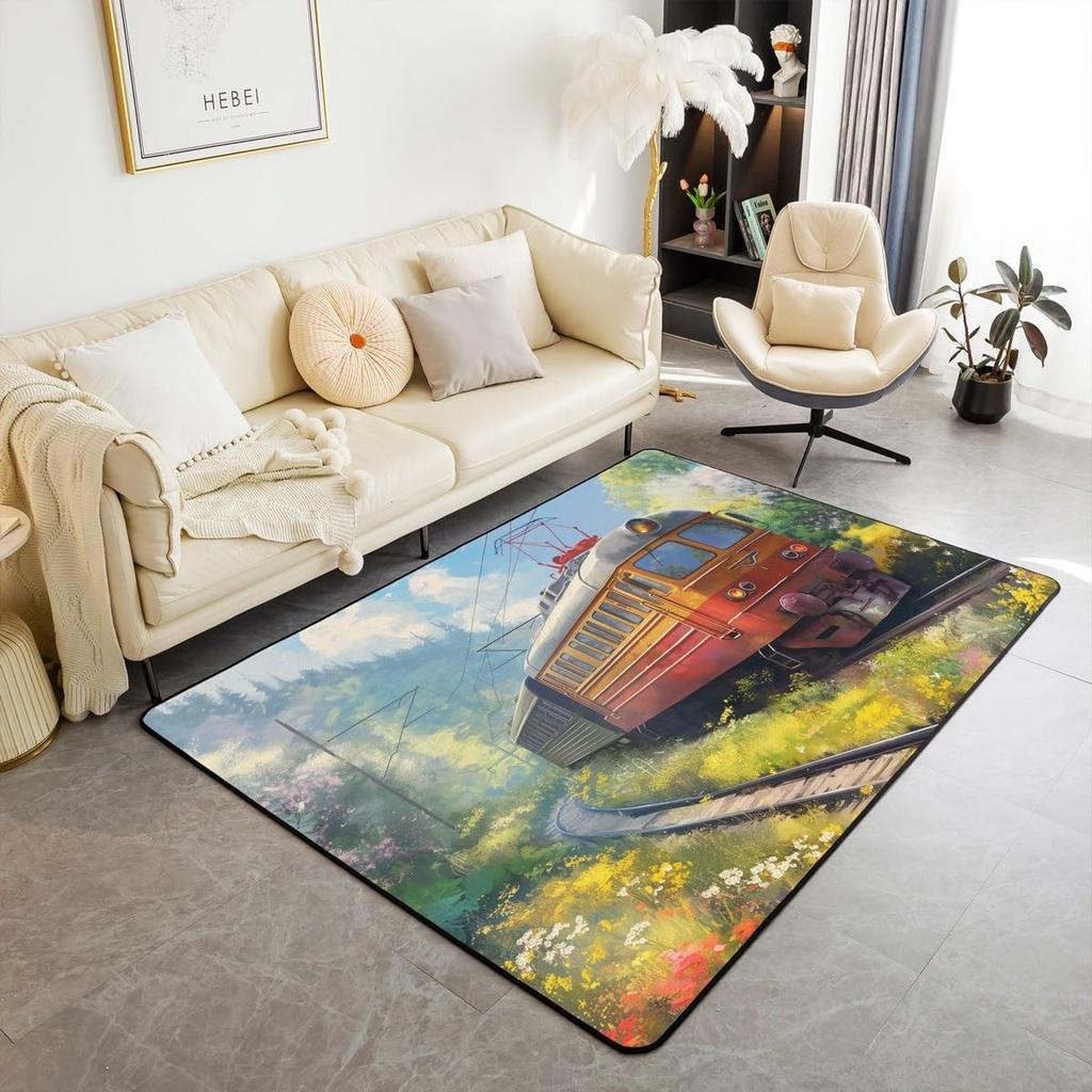 Zug Bereichsteppich für Mädchen Jungen Retro Dampfmaschine Teppich Eisenbahngleis Transport Fußmatte 3D Vintage Fahrzeuge Wohnzimmer Fußmatte
