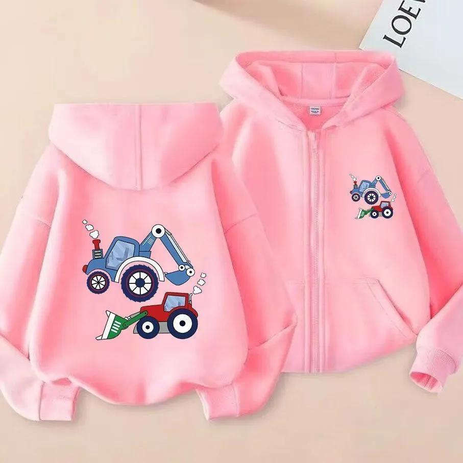 Kids AutumnWinter Thickened ZipHoodie,Cute Cartoon Excavator Tractor Print,Warm Soft Zip Up Sweat Jacket,Casual Kids Outerwear With Front Hand Pockets