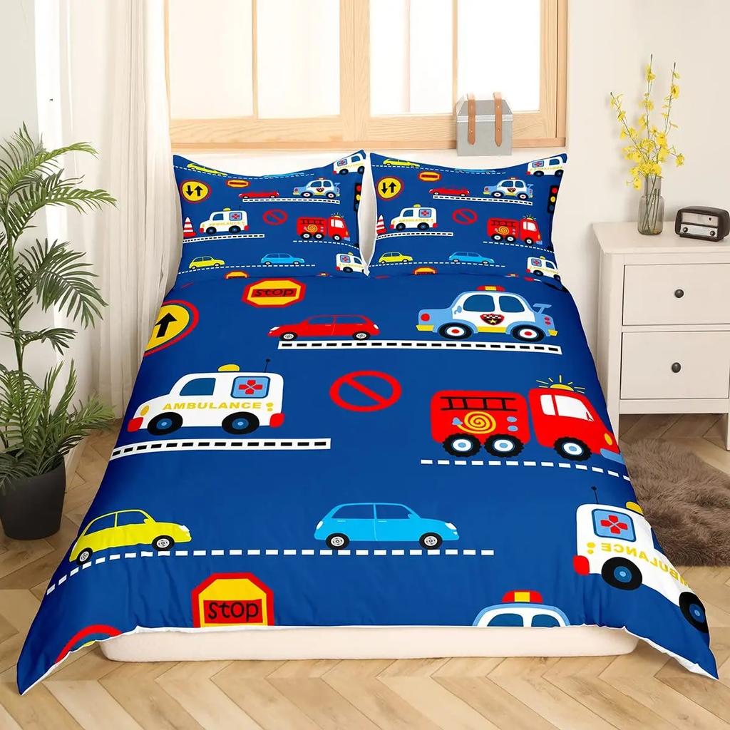 Comforter Ambulance Car King Queen White Cartoon Medical Car Bedding Set For Kid Hospital Rescue Vehicle Polyester