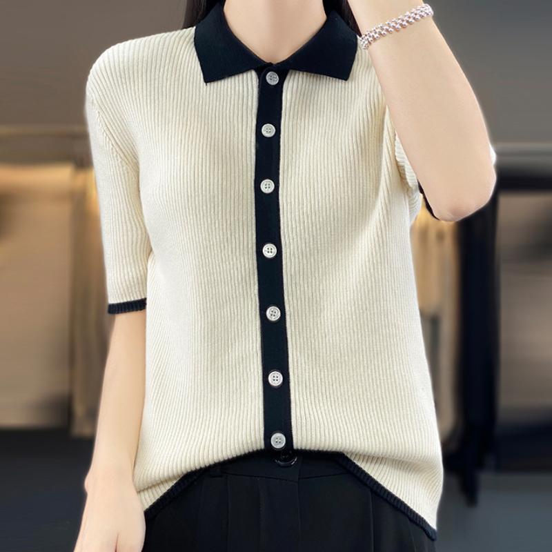 IHUASU Cotton Knitted Cardigan Short-sleeved T-shirt Women's Summer Slim Versatile Bottoming Outside Wear