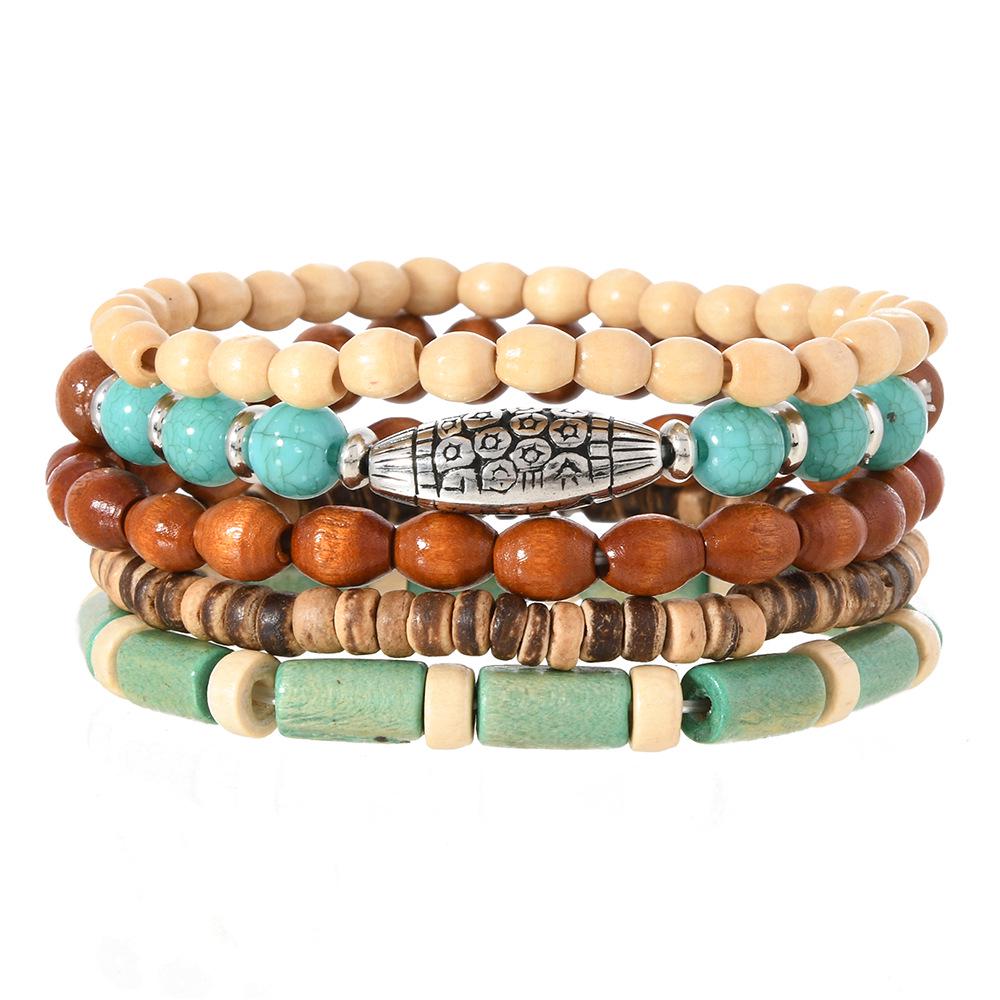 Turquoise Wood Bead Multilayer Elastic Bracelet Set - Retro European & American Style, 5-Piece