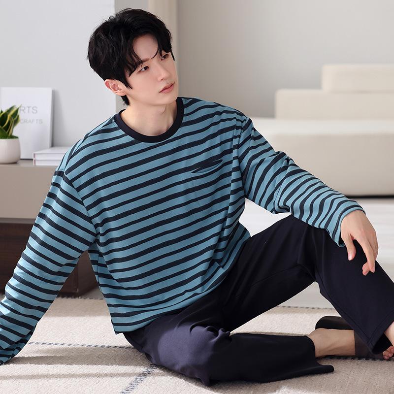 

Пижама мужская весенне-осенняя хлопковая с длинным рукавом и брюками, простая повседневная большого размера, свободная одежда, костюм для дома 4XL