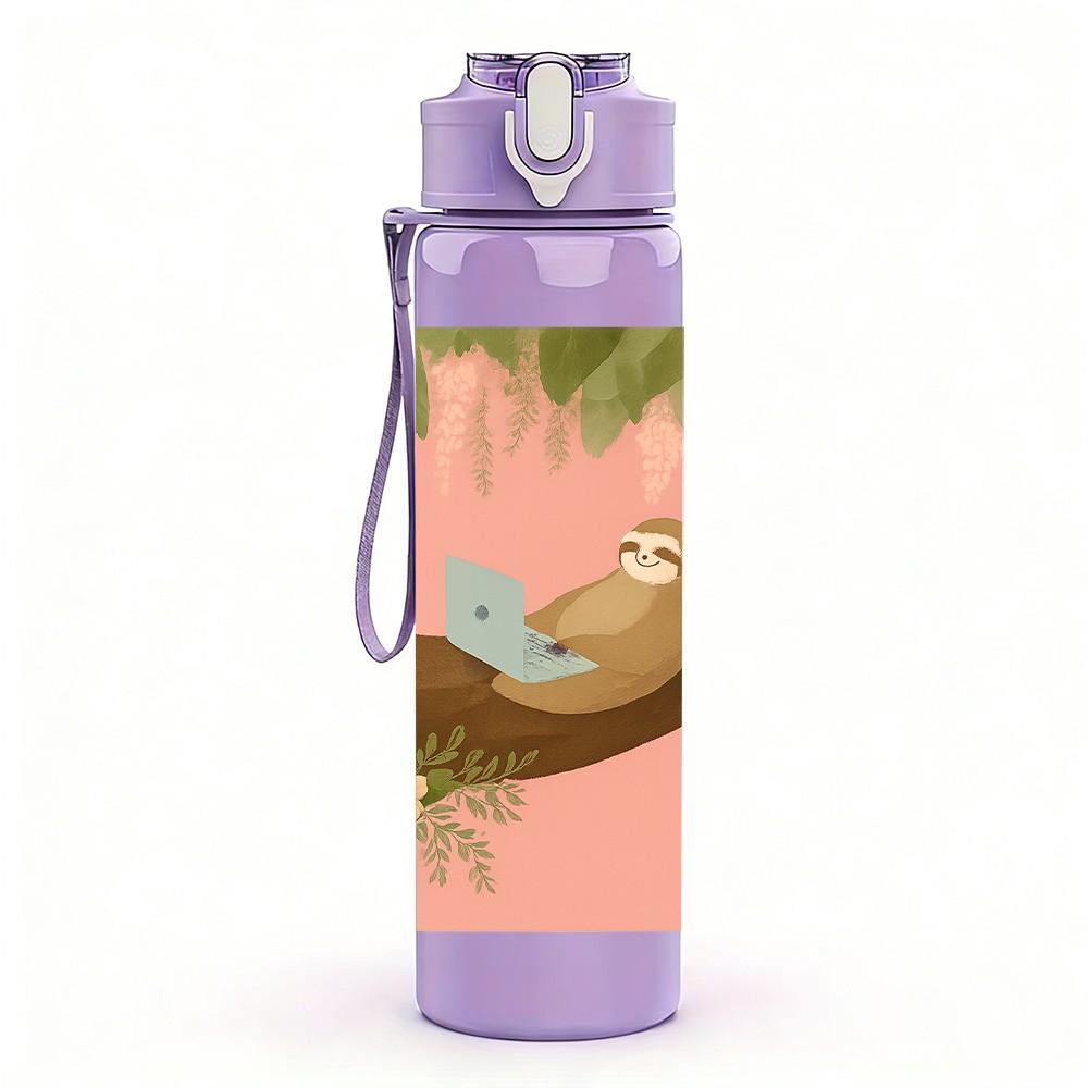 1PC Sloth Pink Tree Branch 750ml Color Plastic Sports Water Bottle Leakproof Flip Straw Lid Suitable for Sports Office Home Use
