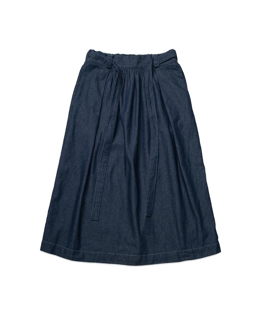 Cotton Bell Waist Belt Shirred Denim Skirt - Indigo