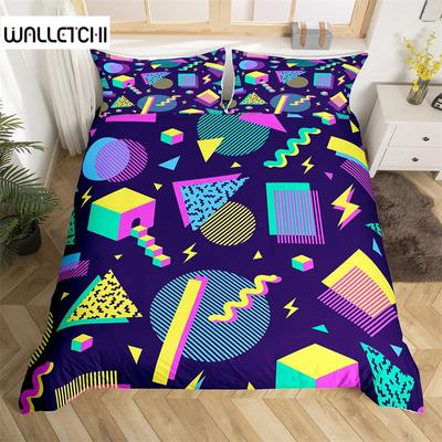 Husă de plapumă geometrică 3D psihedelică microfibră colorată pop art abstractă husă de plapumă set de lenjerie de pat stil retro anii '80 mărime queen