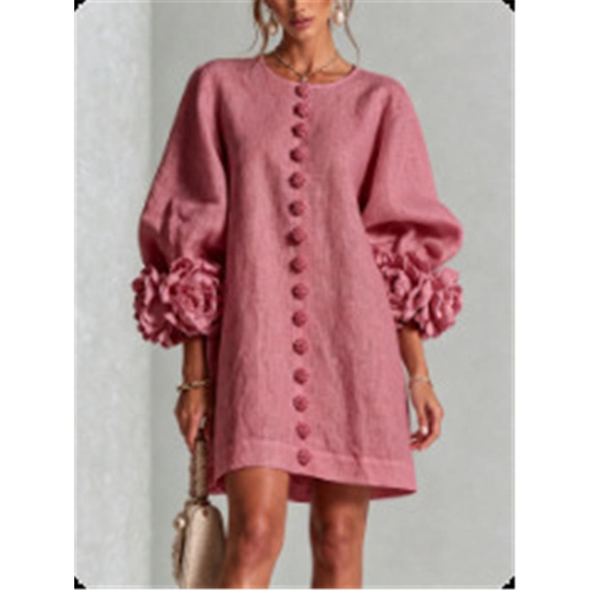 Dames 3D Bloemenmanchet Lantaarnmouw Mini Jurk Voorkant Decoratieve Knoppen Losse Casual Korte Jurk Feest Vakantie Jurk XXXL brown