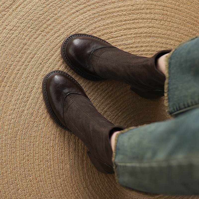 Krazing Po Microfiber Flock Winter Round Toe Size 33 Chelsea Boots Size 43 Zipper Thick High Heels Elastic Ankle Boots