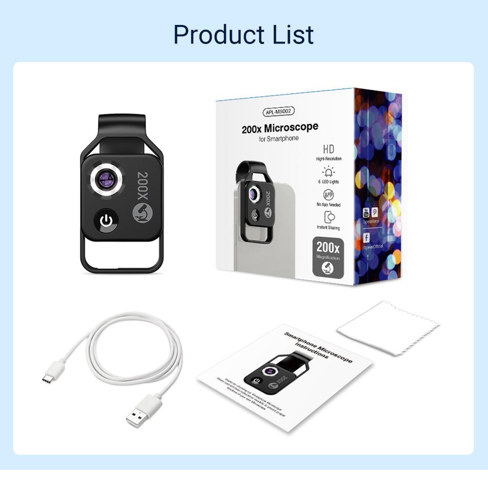 200X Portable Digital Microscope with LED Light/Universal Clip Magnification Microscope Lens USB-C Charging for Most Smartphone