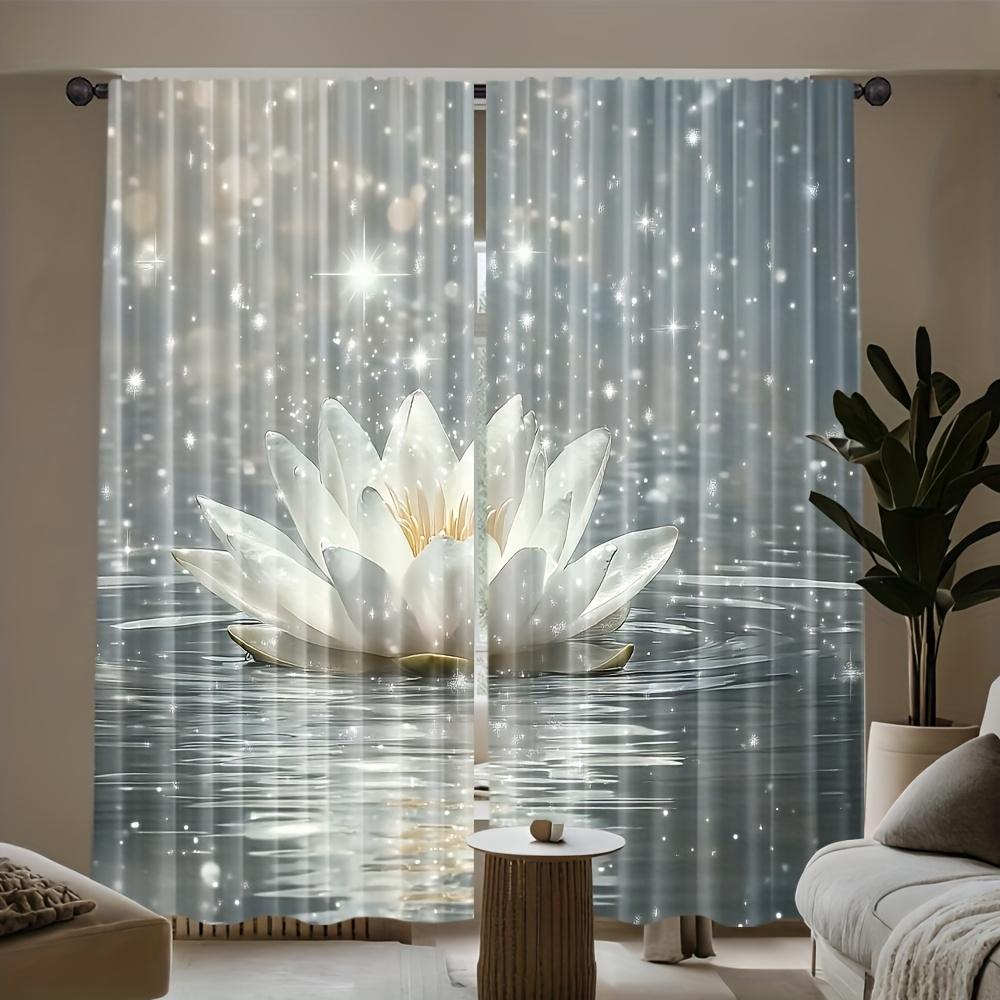 2 Pcs Elegant White Lotus Curtains – Floral Pattern Rod Pocket Design for Living Room Bedroom Bathroom Kitchen