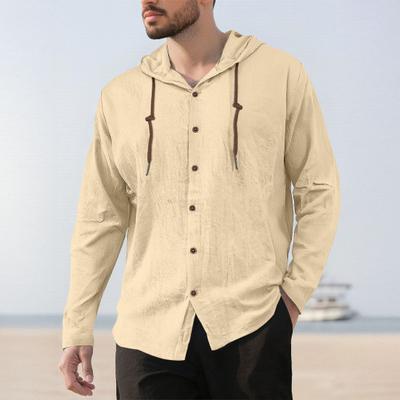 Yousheng Men Tops Hooded Drawstring Long Sleeve Buttons Placket Shirt Tops Pure Color Regular Fit Casual Tops Travel Office Daily Wear
